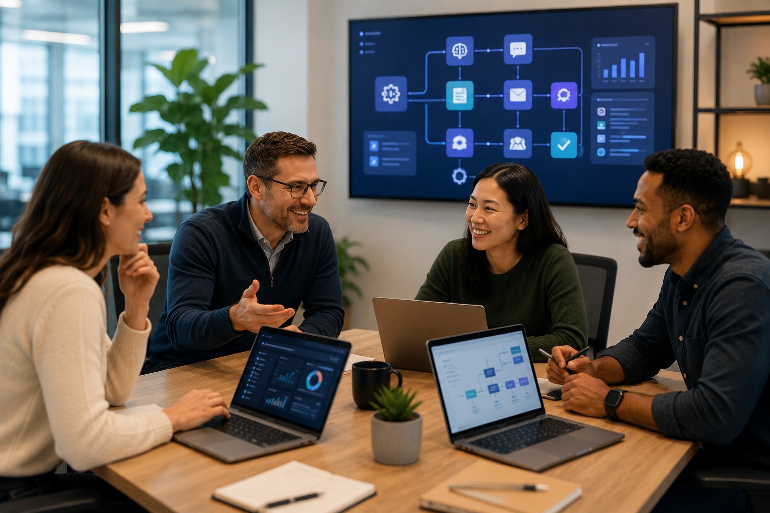 A team reviewing AI automation workflows and dashboards together